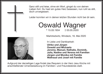 Traueranzeige von Oswald Wagner von Frankenpost