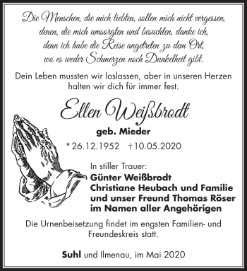 Traueranzeige von Ellen Weißbrodt von Südthüringer Presse