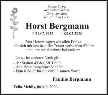 Traueranzeige von Horst Bergmann von Südthüringer Presse