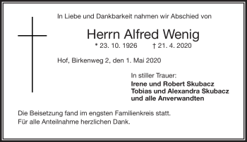 Traueranzeige von Alfred Wenig von Frankenpost