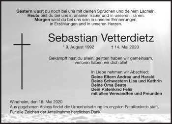 Traueranzeige von Sebastian Vetterdietz von Neue Presse Coburg