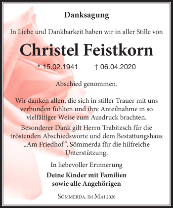 Traueranzeige von Cristl Feistkorn von Südthüringer Presse