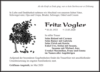 Traueranzeige von Fritz Vogler von Südthüringer Presse