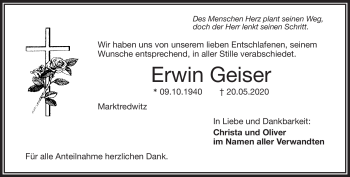 Traueranzeige von Erwin Geiser von Frankenpost