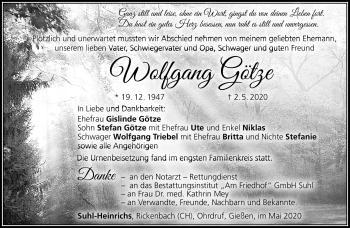 Traueranzeige von Wolfgang Götze von Südthüringer Presse