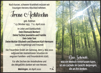 Traueranzeige von Irene Achtzehn von Südthüringer Presse