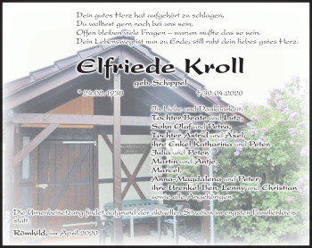 Traueranzeige von Elfriede Kroll von Südthüringer Presse