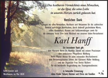 Traueranzeige von Karl Hanff von Südthüringer Presse