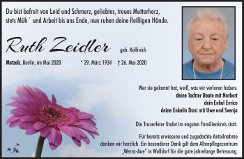 Traueranzeige von Ruth Zeidler von Südthüringer Presse