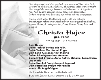 Traueranzeige von Christa Hujer von Südthüringer Presse