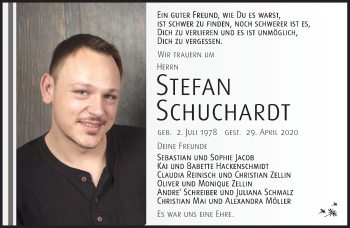Traueranzeige von Stefan Schuchardt von Südthüringer Presse