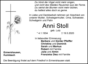 Traueranzeige von Anni Stoll von Neue Presse Coburg
