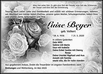 Traueranzeige von Luise Beyer von Südthüringer Presse