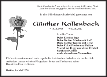 Traueranzeige von Günther Kallenbach von Südthüringer Presse