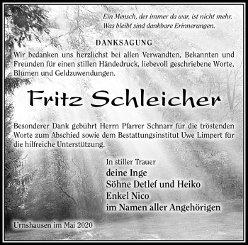 Traueranzeige von Fritz Schleicher von Südthüringer Presse