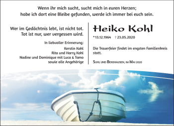Traueranzeige von Heiko Kohl von Südthüringer Presse