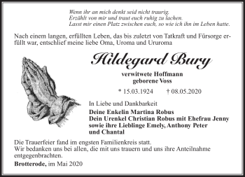Traueranzeige von Hildegard Bury von Südthüringer Presse