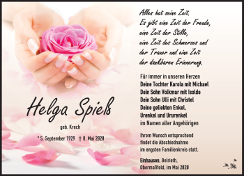 Traueranzeige von Helga Spieß von Südthüringer Presse