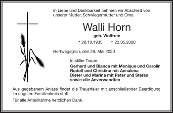 Traueranzeige von Walli Horn von Frankenpost