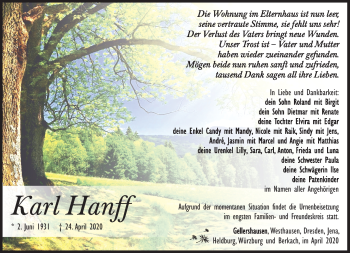 Traueranzeige von Karl Hanff von Südthüringer Presse