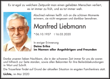 Traueranzeige von Manfred Liebmann von Südthüringer Presse
