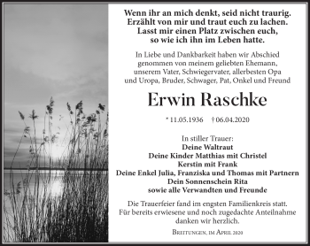 Traueranzeige von Erwin Raschke von Südthüringer Presse