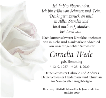 Traueranzeige von Cornelia Wede von Südthüringer Presse