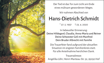 Traueranzeige von Hans-Dietrich Schmidt von Frankenpost
