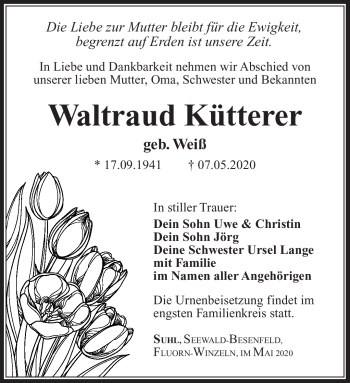 Traueranzeige von Waltraud Kütterer von Südthüringer Presse