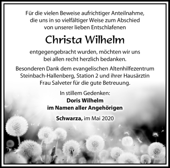 Traueranzeige von Christa Wilhelm von Südthüringer Presse