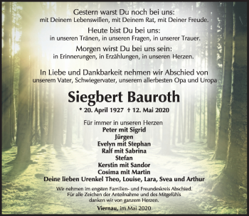 Traueranzeige von Siegbert Bauroth von Südthüringer Presse