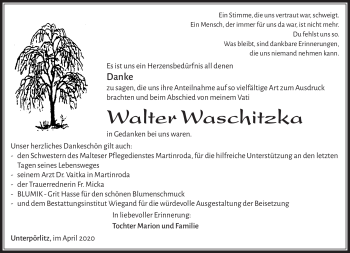 Traueranzeige von Walter Waschitzka von Südthüringer Presse