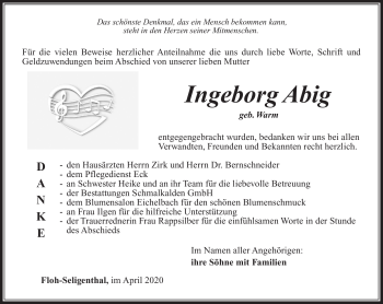 Traueranzeige von Ingeburg Abig von Südthüringer Presse