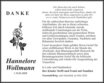 Traueranzeige von Hannelore Wollmann von Südthüringer Presse