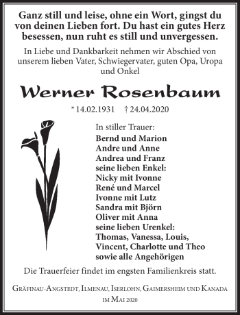 Traueranzeige von Werner Rosenbaum von Südthüringer Presse