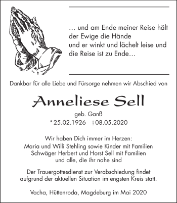 Traueranzeige von Anneliese Sell von Südthüringer Presse
