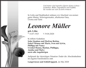 Traueranzeige von Leonore Müller von Südthüringer Presse