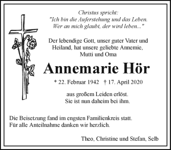 Traueranzeige von Annnemarie Hör von Frankenpost