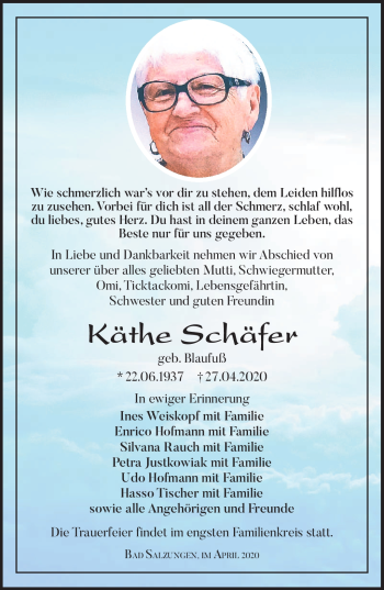 Traueranzeige von Käthe Schäfer von Südthüringer Presse
