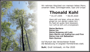 Traueranzeige von Thomald Kohl von Südthüringer Presse