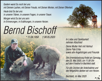 Traueranzeige von Bernd Bischoff von Südthüringer Presse