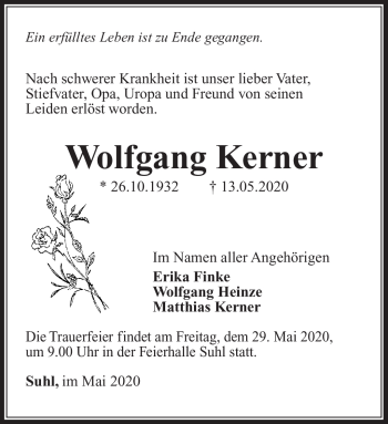 Traueranzeige von Wolfgang Kerner von Südthüringer Presse
