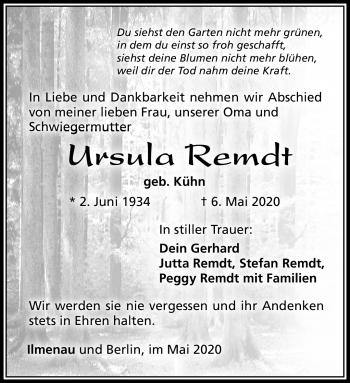 Traueranzeige von Ursula Remdt von Südthüringer Presse