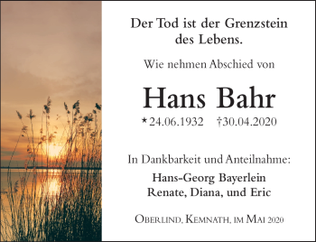 Traueranzeige von Hans Bahr von Südthüringer Presse