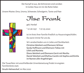 Traueranzeige von Ilse Frank von Südthüringer Presse