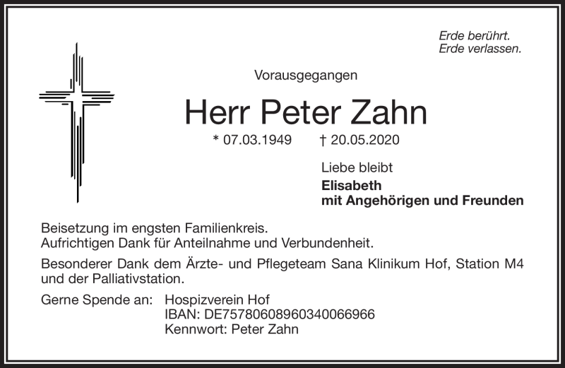 Traueranzeige für Peter Zahn vom 28.05.2020 aus Frankenpost