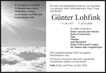 Traueranzeige von Günter Lohfink von Südthüringer Presse