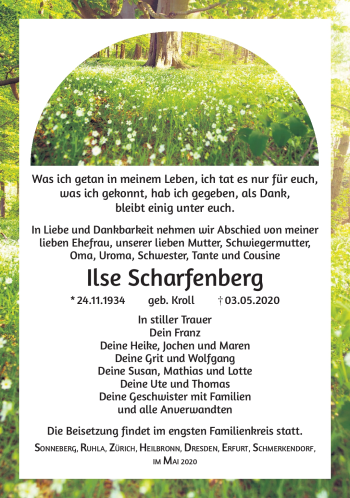 Traueranzeige von Ilse Scharfenberg von Südthüringer Presse