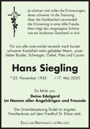 Traueranzeige von Hans Siegling von Südthüringer Presse