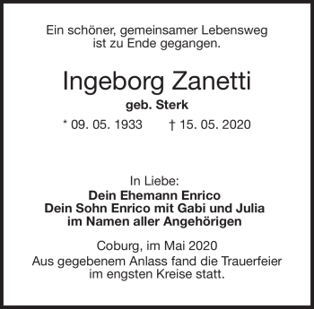 Traueranzeige von Ingeborg Zanetti von Neue Presse Coburg